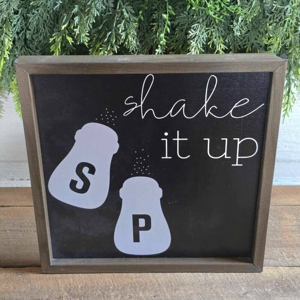 Shake it Up Salt Pepper Shaker Primitive Farmhouse Framed Wall Hanging - DAMAGED